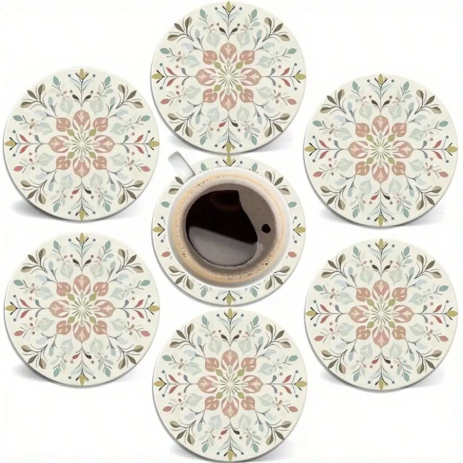 Wine Beer Drink - 6pcs/Set Bohemian Floral Pattern Round Wooden